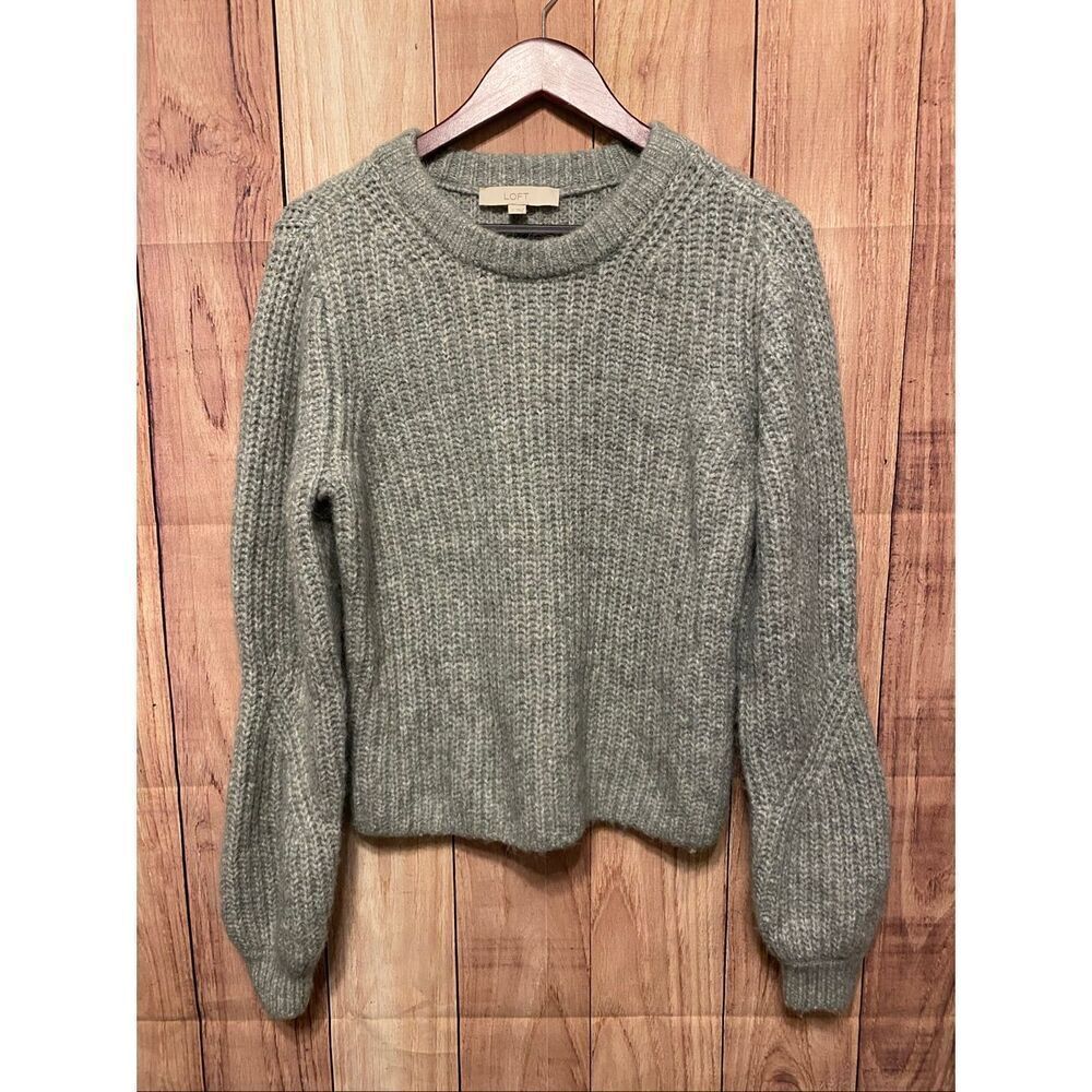 Loft Small wool blend knit sweater grey/green women’s top winter cozy